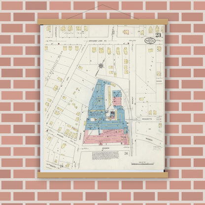 Old map wall art mockup — magnetic wood frame on brick wall — Sanborn Fire Insurance Map from Pontiac, Oakland County, Michigan (1915), Sheet #0023