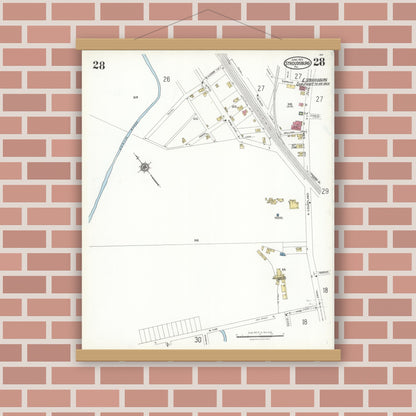 Old map wall art mockup — magnetic wood frame on brick wall — Sanborn Fire Insurance Map from Stroudsburg, Monroe County, Pennsylvania (1923), Sheet #0028