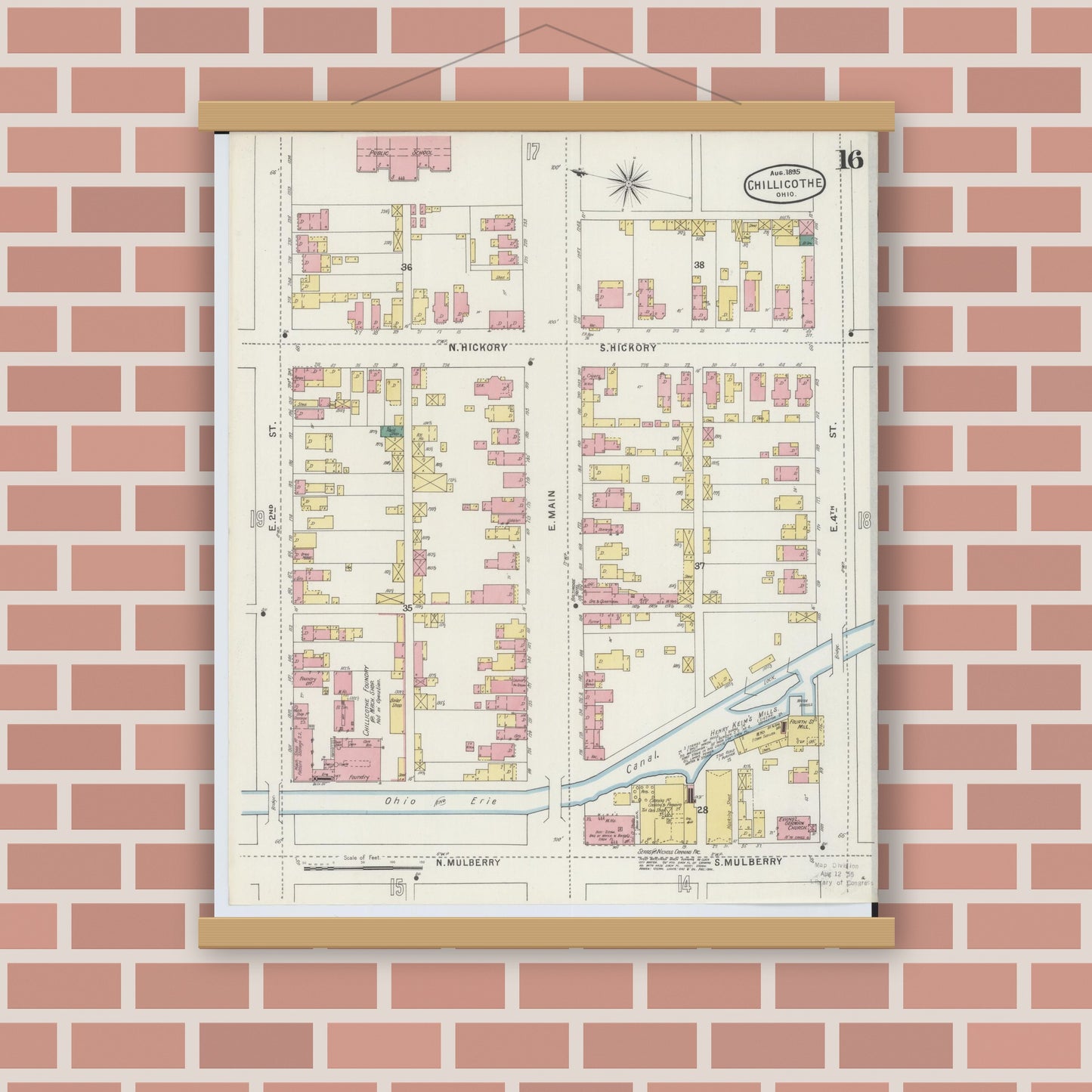 Old map wall art mockup — magnetic wood frame on brick wall — Sanborn Fire Insurance Map from Chillicothe, Ross County, Ohio (1895), Sheet #0016