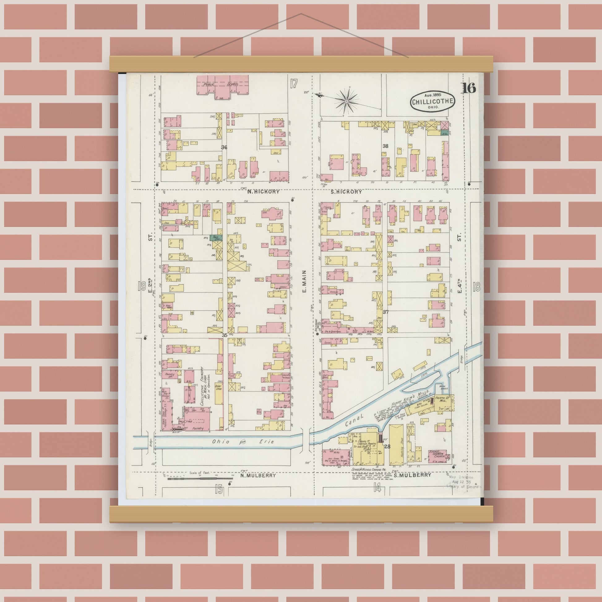 Old map wall art mockup — magnetic wood frame on brick wall — Sanborn Fire Insurance Map from Chillicothe, Ross County, Ohio (1895), Sheet #0016