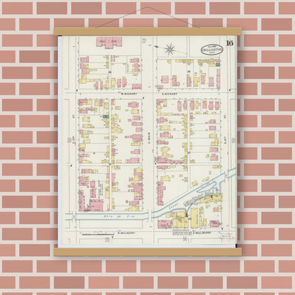 Old map wall art mockup — magnetic wood frame on brick wall — Sanborn Fire Insurance Map from Chillicothe, Ross County, Ohio (1895), Sheet #0016