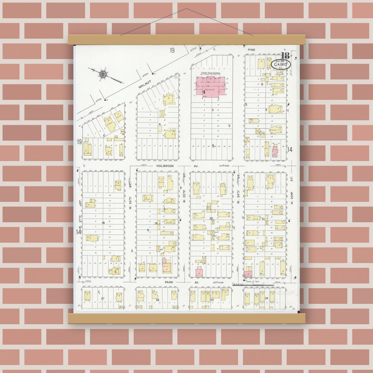 Old map wall art mockup — magnetic wood frame on brick wall — Sanborn Fire Insurance Map from Cairo, Alexander County, Illinois (1914), Sheet #0018