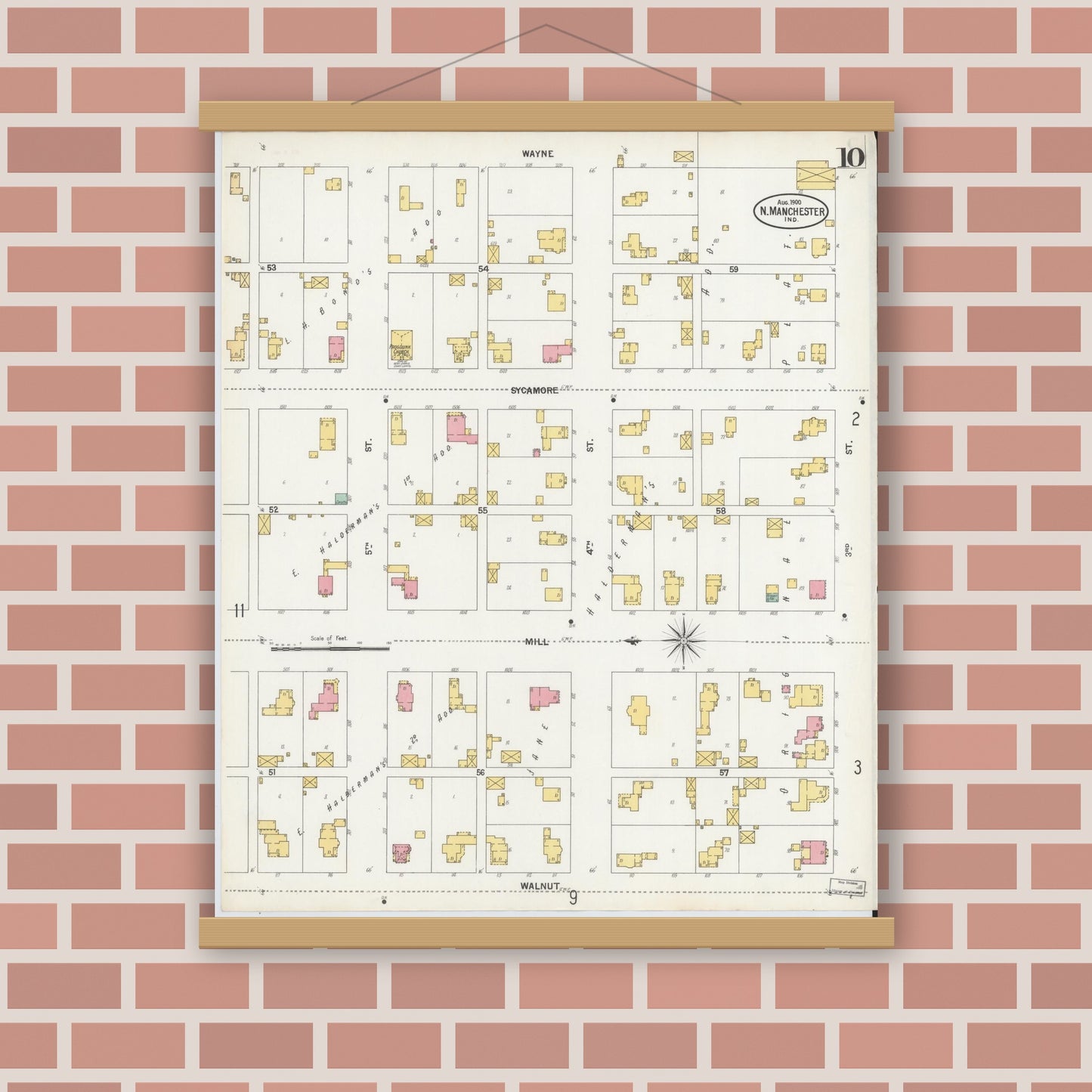 Old map wall art mockup — magnetic wood frame on brick wall — Sanborn Fire Insurance Map from North Manchester, Wabash County, Indiana (1900), Sheet #0010