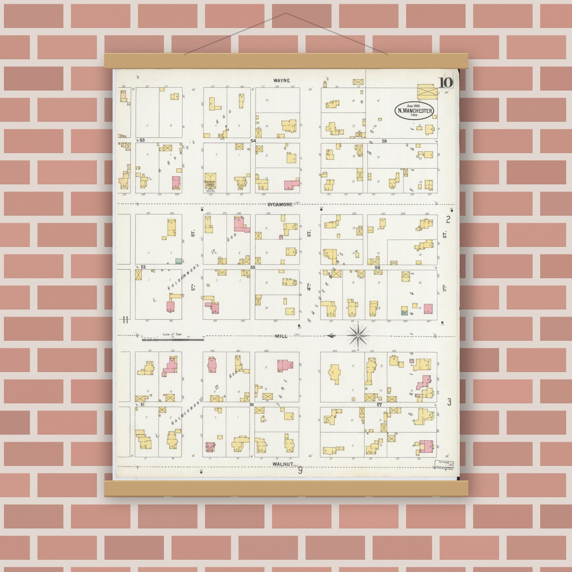 Old map wall art mockup — magnetic wood frame on brick wall — Sanborn Fire Insurance Map from North Manchester, Wabash County, Indiana (1900), Sheet #0010