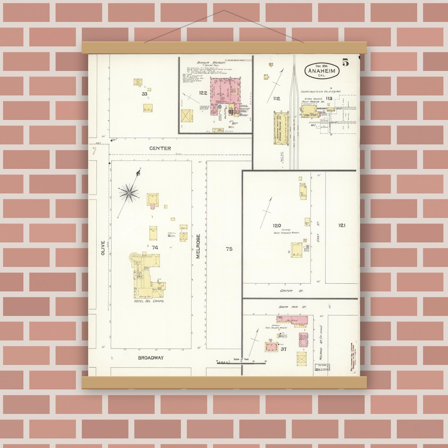 Old map wall art mockup — magnetic wood frame on brick wall — Sanborn Fire Insurance Map from Anaheim, Orange County, California (1894), Sheet #0005