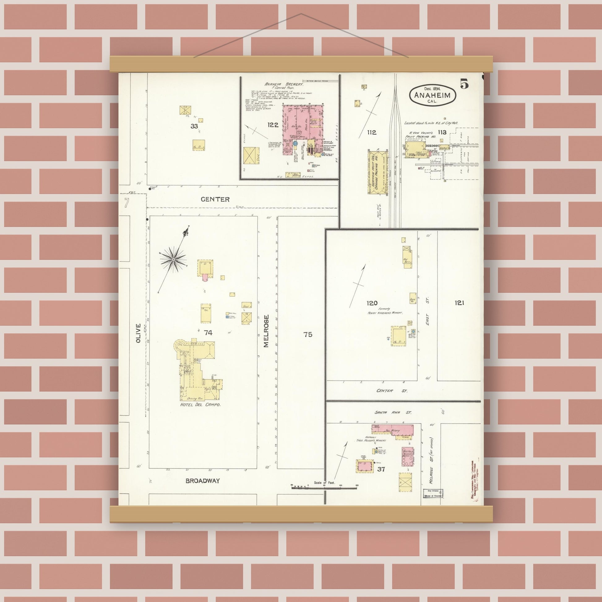 Old map wall art mockup — magnetic wood frame on brick wall — Sanborn Fire Insurance Map from Anaheim, Orange County, California (1894), Sheet #0005