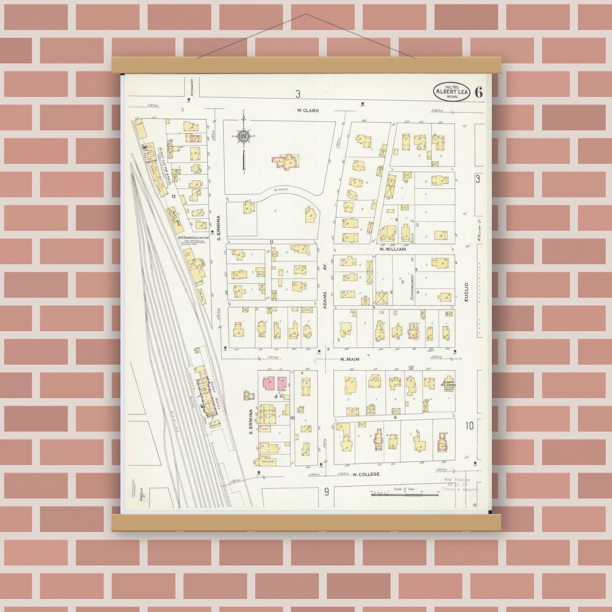 Old map wall art mockup — magnetic wood frame on brick wall — Sanborn Fire Insurance Map from Albert Lea, Freeborn County, Minnesota (1910), Sheet #0006