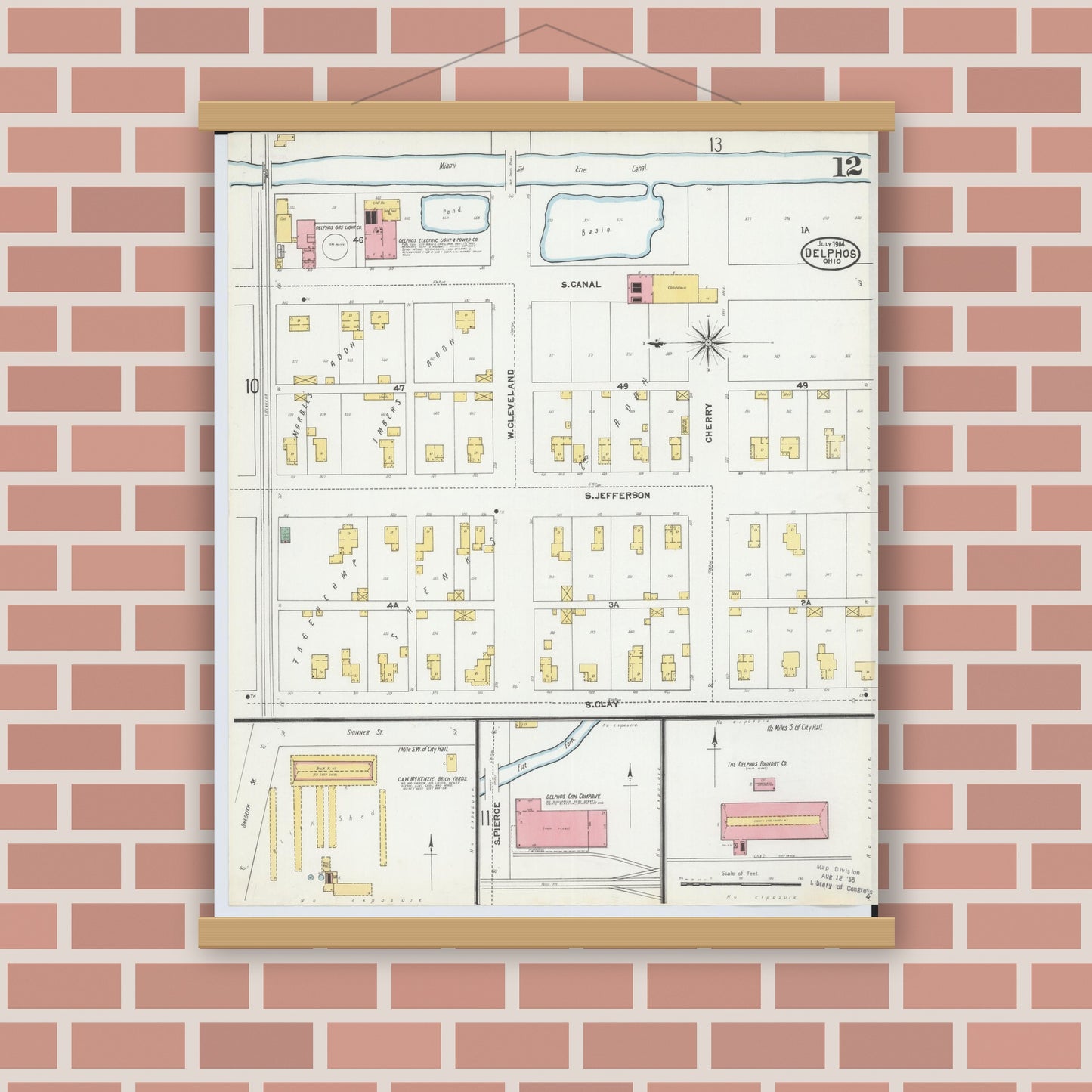 Old map wall art mockup — magnetic wood frame on brick wall — Sanborn Fire Insurance Map from Delphos, Van Wert And Allen Counties, Ohio (1904), Sheet #0012
