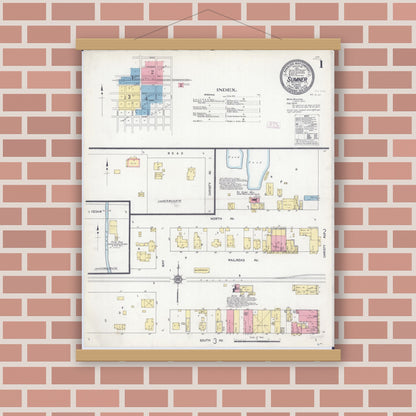 Old map wall art mockup — magnetic wood frame on brick wall — Sanborn Fire Insurance Map from Sumner, Lawrence County, Illinois (1912), Sheet #0001