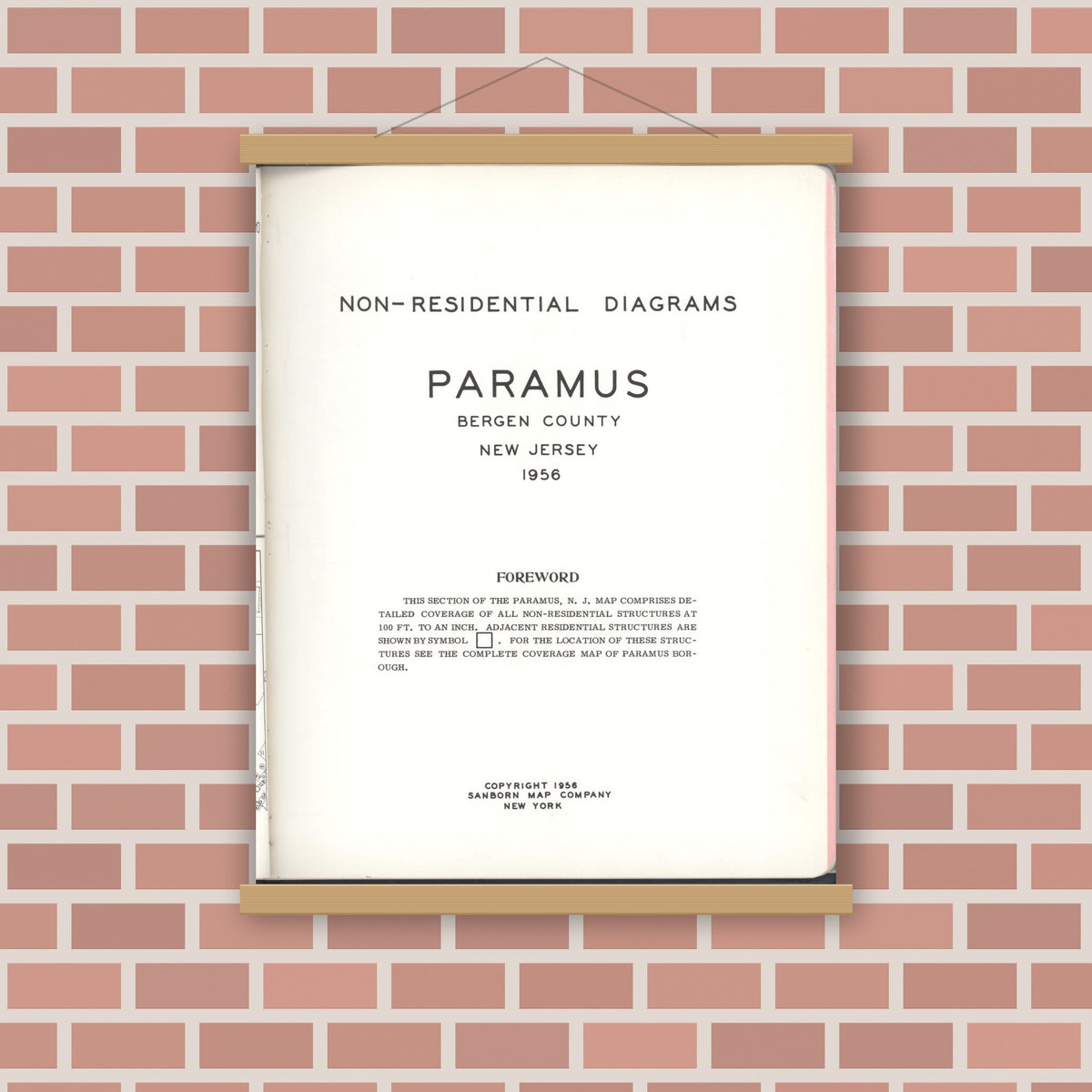 Old map wall art mockup — magnetic wood frame on brick wall — Sanborn Fire Insurance Map from Paramus, Bergen County, New Jersey (1956), Sheet #0001