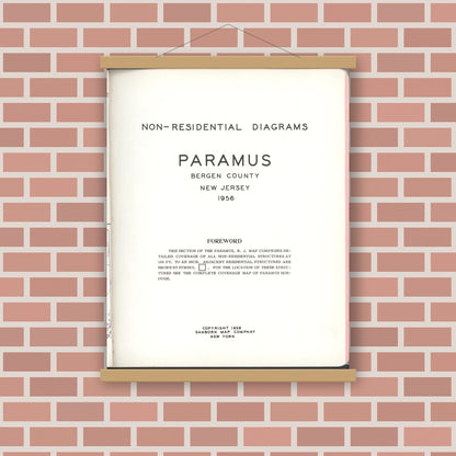 Old map wall art mockup — magnetic wood frame on brick wall — Sanborn Fire Insurance Map from Paramus, Bergen County, New Jersey (1956), Sheet #0001