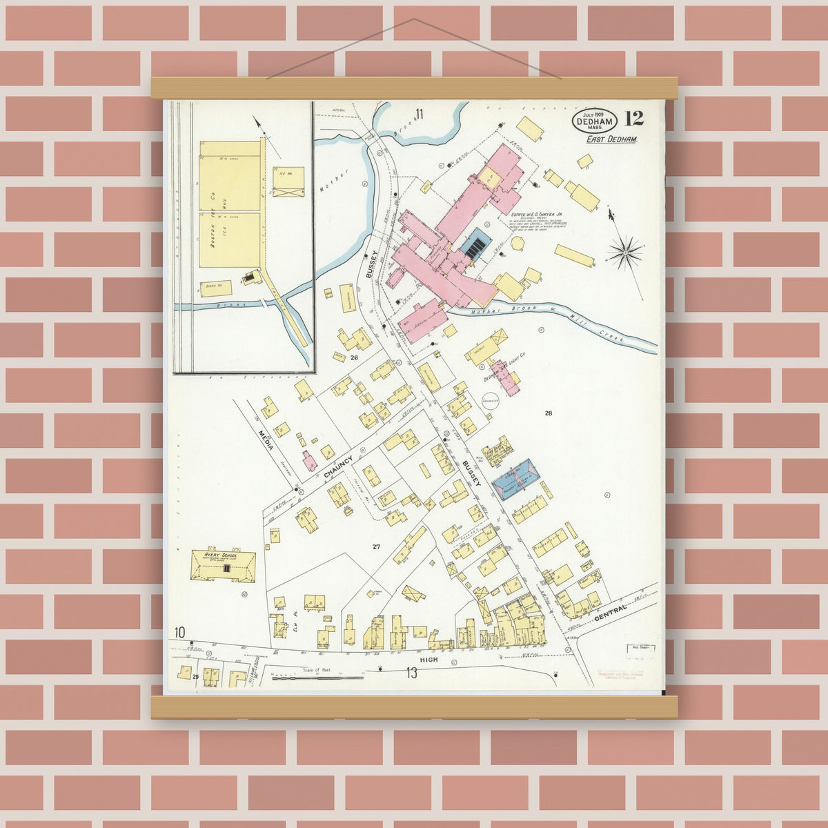 Old map wall art mockup — magnetic wood frame on brick wall — Sanborn Fire Insurance Map from Dedham, Norfolk County, Massachusetts (1909), Sheet #0012