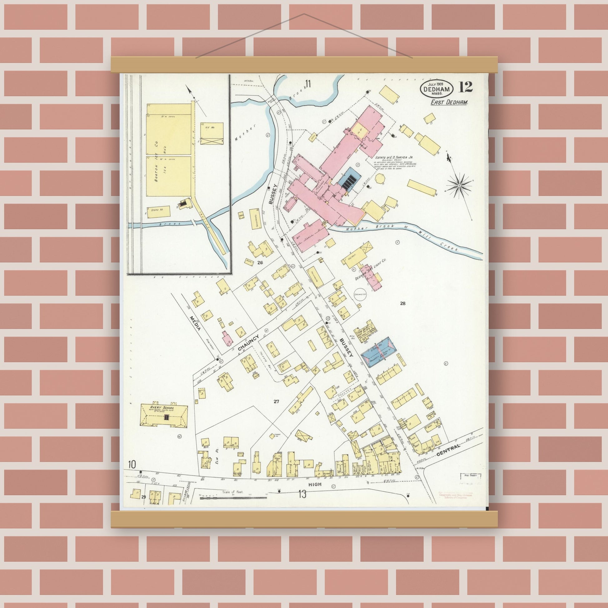 Old map wall art mockup — magnetic wood frame on brick wall — Sanborn Fire Insurance Map from Dedham, Norfolk County, Massachusetts (1909), Sheet #0012