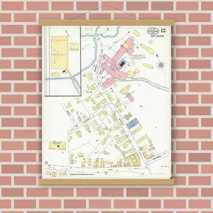 Old map wall art mockup — magnetic wood frame on brick wall — Sanborn Fire Insurance Map from Dedham, Norfolk County, Massachusetts (1909), Sheet #0012