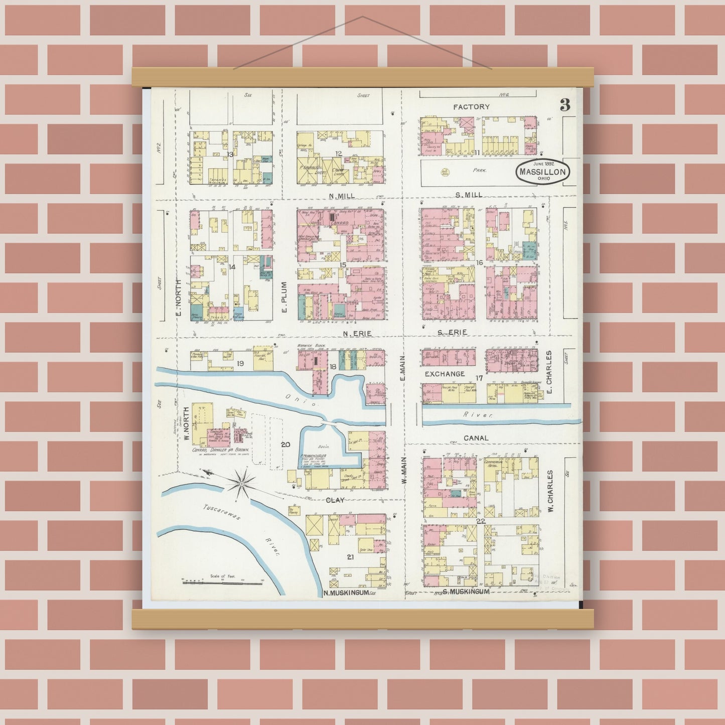 Old map wall art mockup — magnetic wood frame on brick wall — Sanborn Fire Insurance Map from Massillon, Stark County, Ohio (1892), Sheet #0003