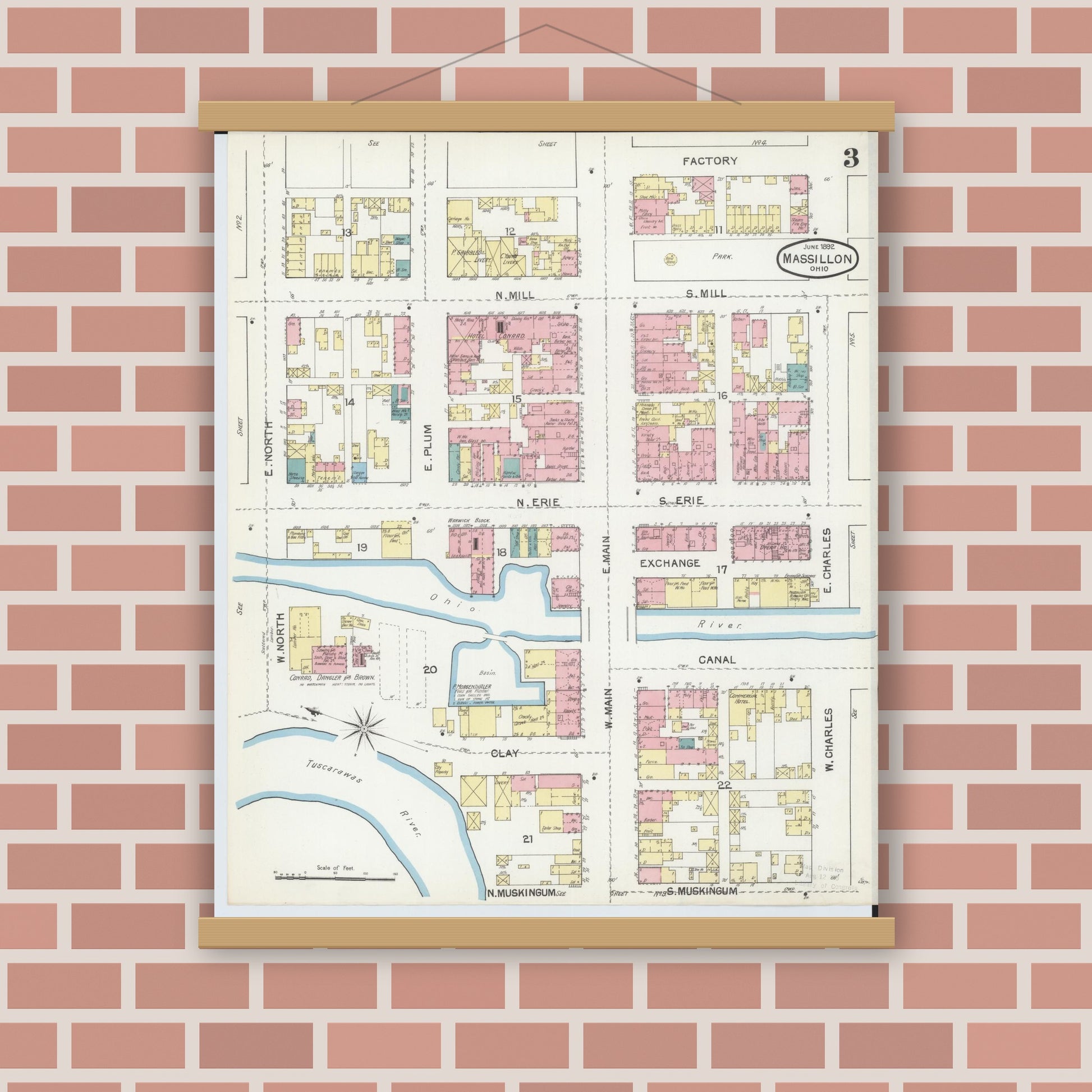 Old map wall art mockup — magnetic wood frame on brick wall — Sanborn Fire Insurance Map from Massillon, Stark County, Ohio (1892), Sheet #0003