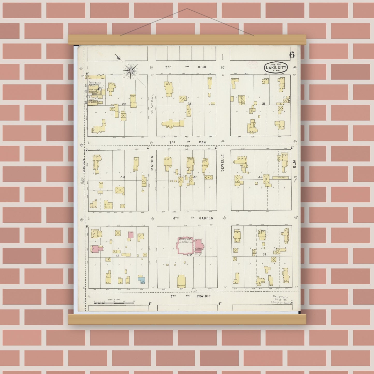 Old map wall art mockup — magnetic wood frame on brick wall — Sanborn Fire Insurance Map from Lake City, Wabasha County, Minnesota (1894), Sheet #0006