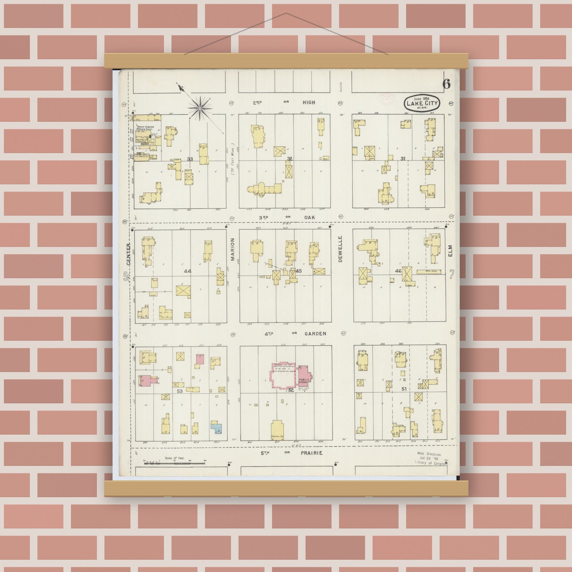 Old map wall art mockup — magnetic wood frame on brick wall — Sanborn Fire Insurance Map from Lake City, Wabasha County, Minnesota (1894), Sheet #0006