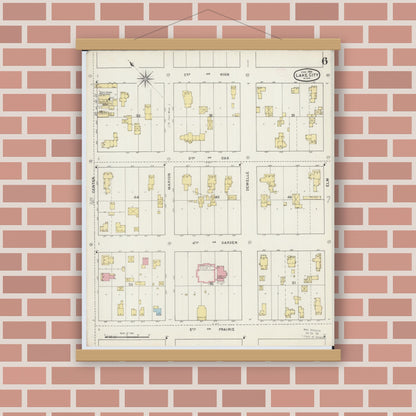 Old map wall art mockup — magnetic wood frame on brick wall — Sanborn Fire Insurance Map from Lake City, Wabasha County, Minnesota (1894), Sheet #0006