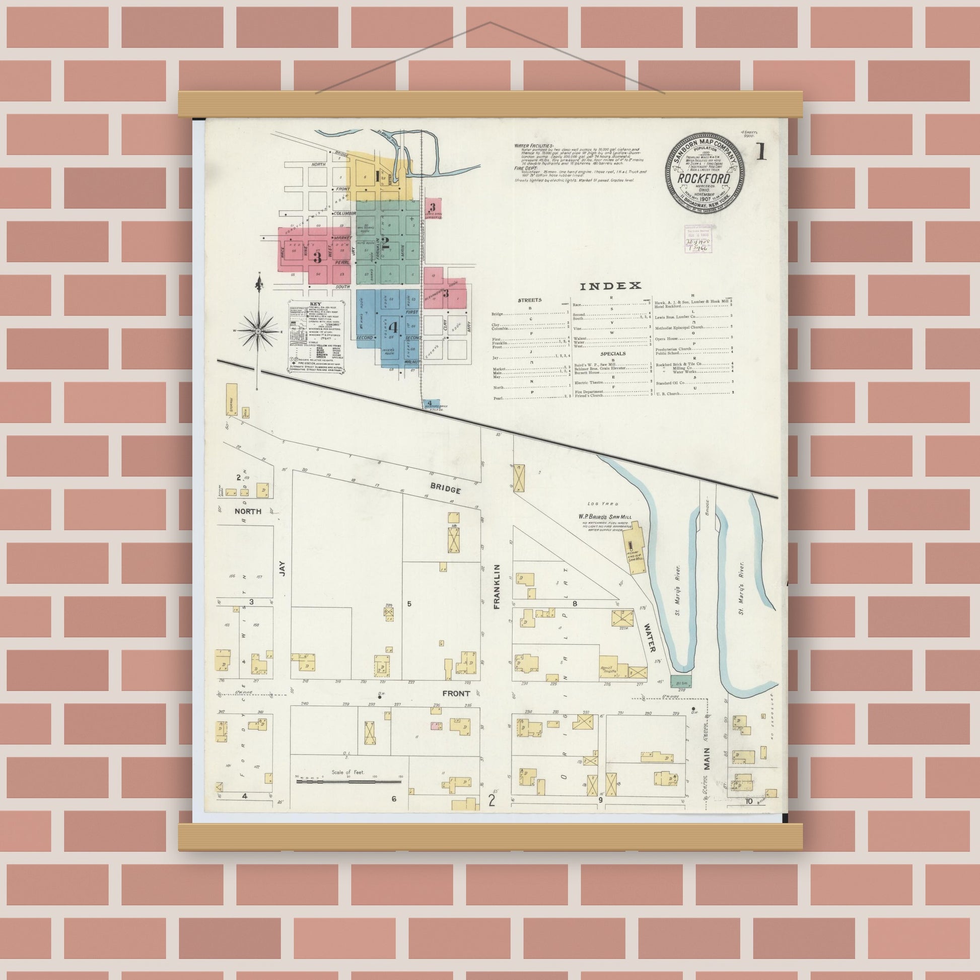 Old map wall art mockup — magnetic wood frame on brick wall — Sanborn Fire Insurance Map from Rockford, Mercer County, Ohio (1907), Sheet #0001