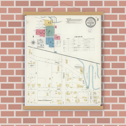 Old map wall art mockup — magnetic wood frame on brick wall — Sanborn Fire Insurance Map from Rockford, Mercer County, Ohio (1907), Sheet #0001