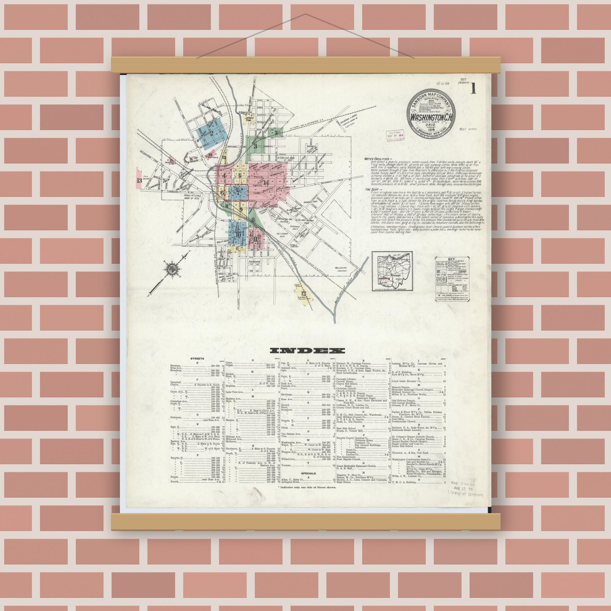 Old map wall art mockup — magnetic wood frame on brick wall — Sanborn Fire Insurance Map from Washington Court House, Fayette County, Ohio (1914), Sheet #0001