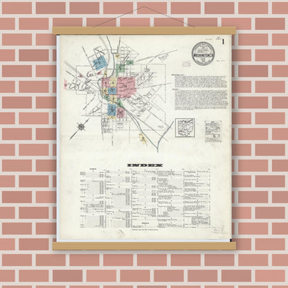 Old map wall art mockup — magnetic wood frame on brick wall — Sanborn Fire Insurance Map from Washington Court House, Fayette County, Ohio (1914), Sheet #0001