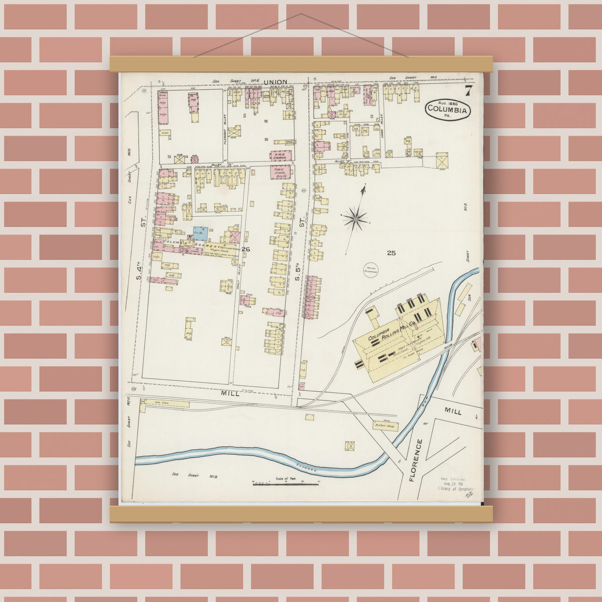 Old map wall art mockup — magnetic wood frame on brick wall — Sanborn Fire Insurance Map from Columbia, Lancaster County, Pennsylvania (1886), Sheet #0007