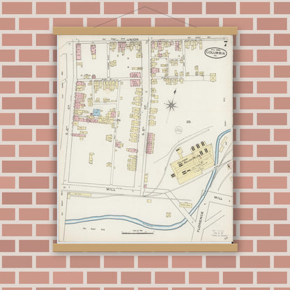 Old map wall art mockup — magnetic wood frame on brick wall — Sanborn Fire Insurance Map from Columbia, Lancaster County, Pennsylvania (1886), Sheet #0007
