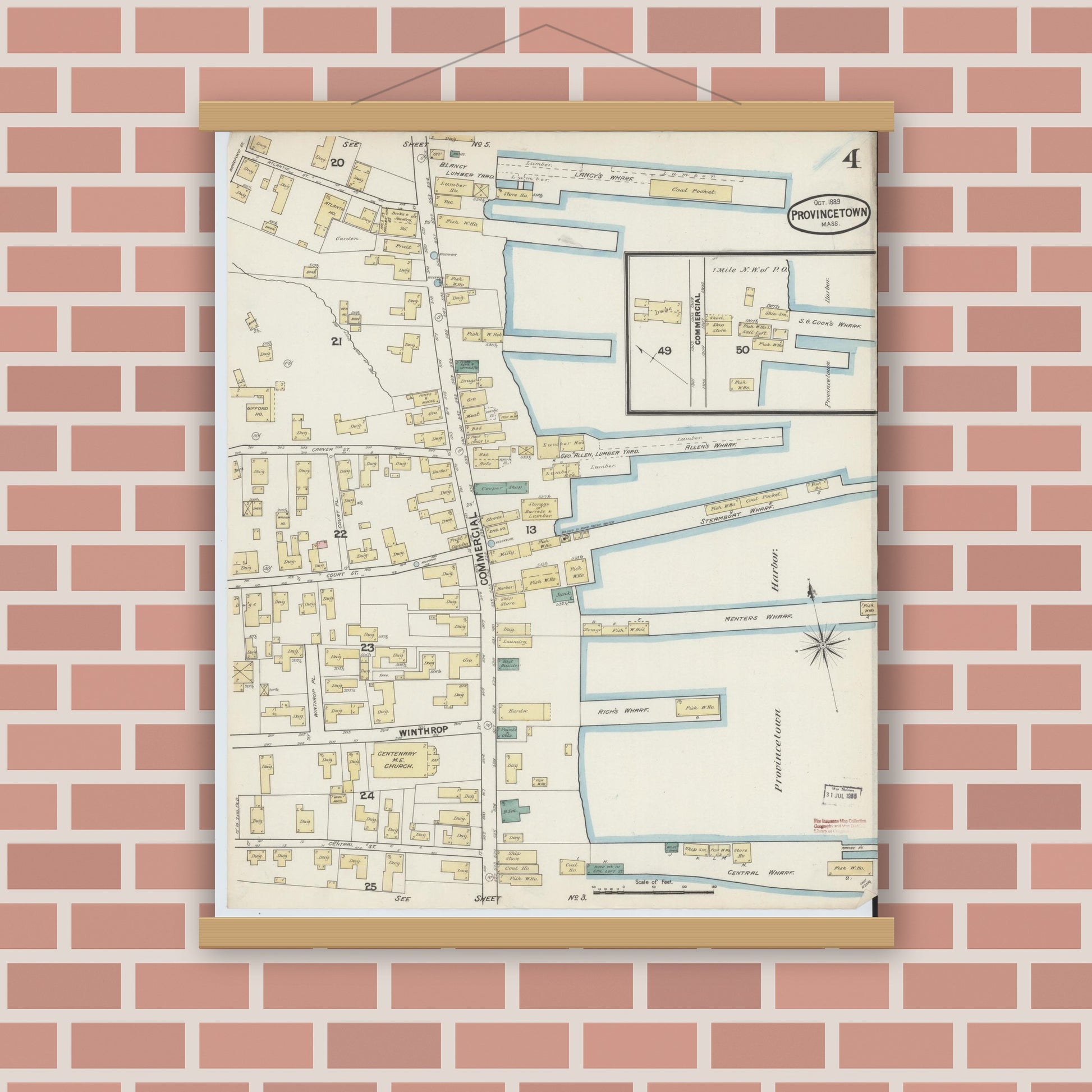 Old map wall art mockup — magnetic wood frame on brick wall — Sanborn Fire Insurance Map from Provincetown, Barnstable County, Massachusetts (1889), Sheet #0004