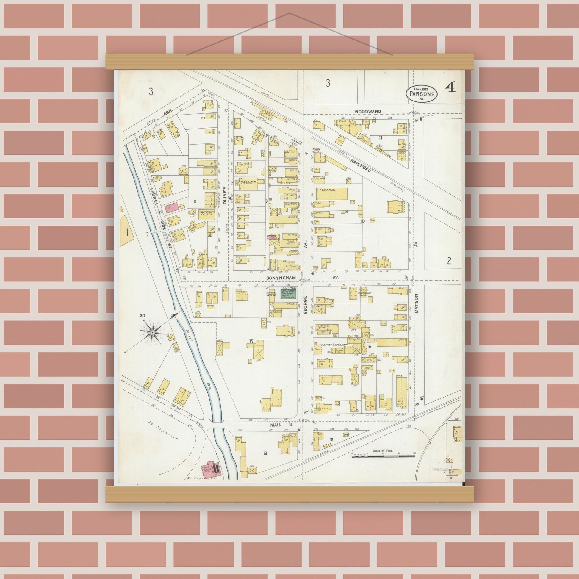 Old map wall art mockup — magnetic wood frame on brick wall — Sanborn Fire Insurance Map from Parsons, Luzerne County, Pennsylvania (1903), Sheet #0004