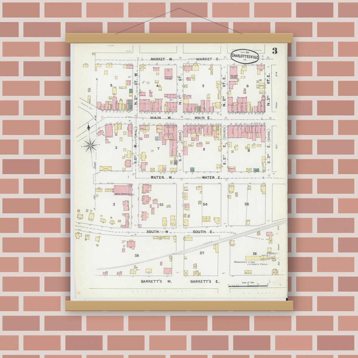 Old map wall art mockup — magnetic wood frame on brick wall — Sanborn Fire Insurance Map from Charlottesville, Independent Cities, Virginia (1891), Sheet #0003