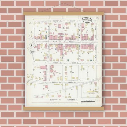 Old map wall art mockup — magnetic wood frame on brick wall — Sanborn Fire Insurance Map from Charlottesville, Independent Cities, Virginia (1891), Sheet #0003