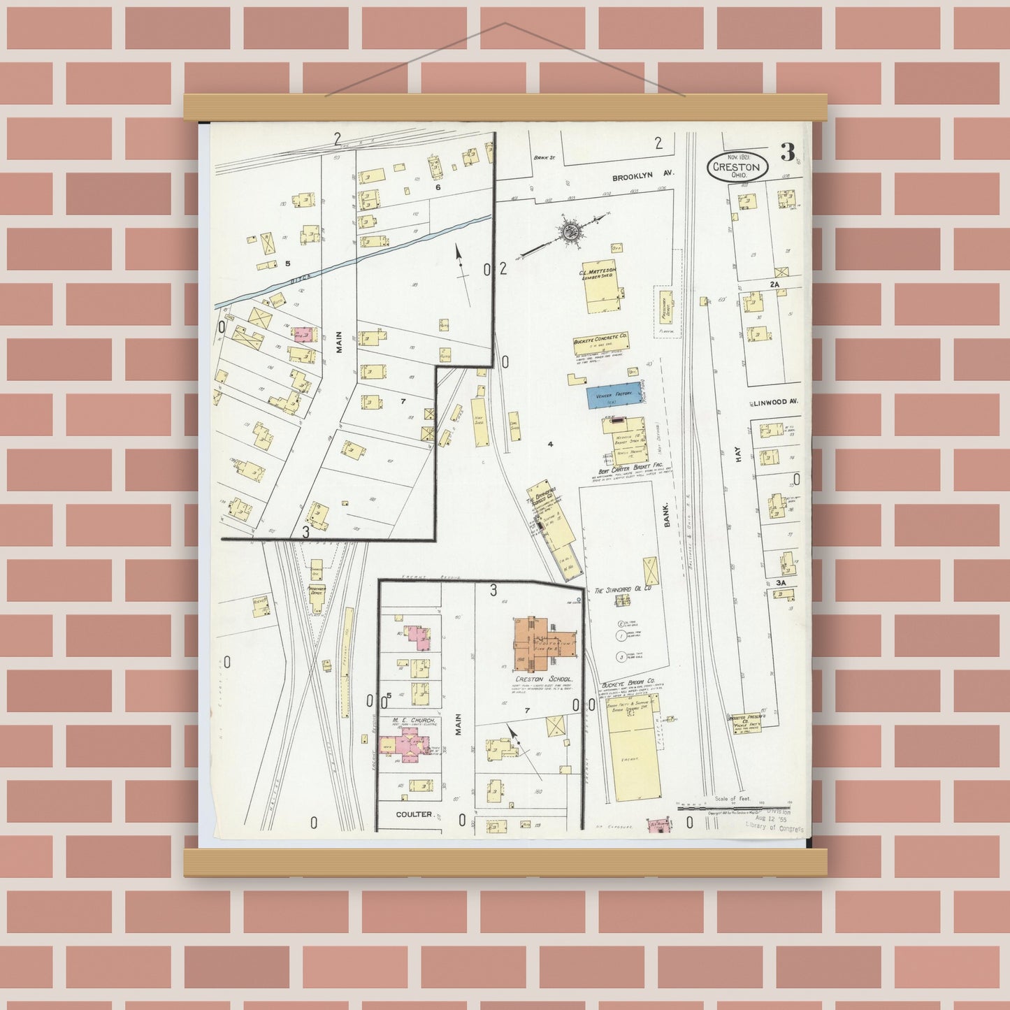 Old map wall art mockup — magnetic wood frame on brick wall — Sanborn Fire Insurance Map from Creston, Wayne County, Ohio (1921), Sheet #0003