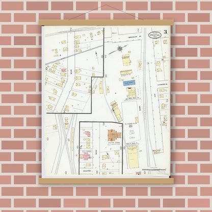 Old map wall art mockup — magnetic wood frame on brick wall — Sanborn Fire Insurance Map from Creston, Wayne County, Ohio (1921), Sheet #0003
