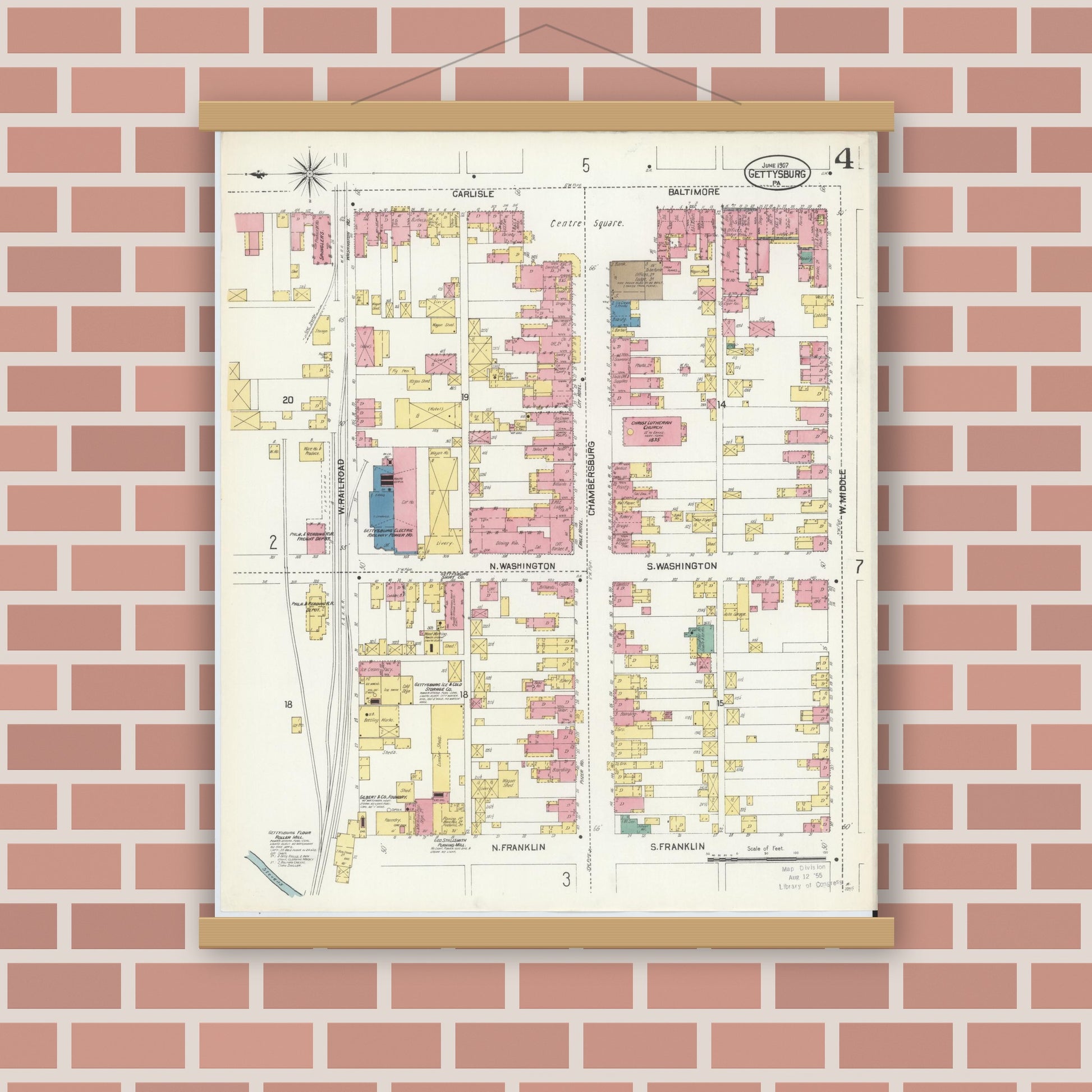 Old map wall art mockup — magnetic wood frame on brick wall — Sanborn Fire Insurance Map from Gettysburg, Adams County, Pennsylvania (1907), Sheet #0004