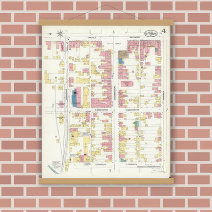 Old map wall art mockup — magnetic wood frame on brick wall — Sanborn Fire Insurance Map from Gettysburg, Adams County, Pennsylvania (1907), Sheet #0004