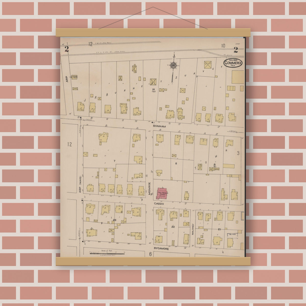 Old map wall art mockup — magnetic wood frame on brick wall — Sanborn Fire Insurance Map from Commerce, Hunt County, Texas (1922), Sheet #0002