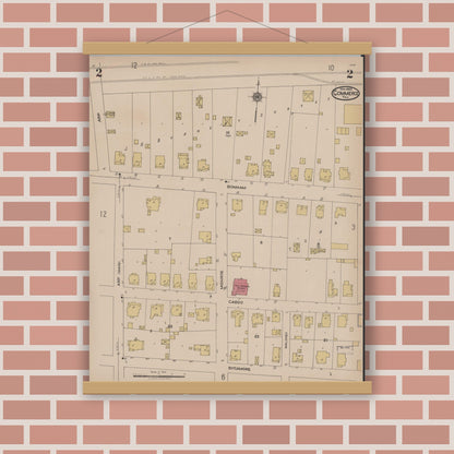 Old map wall art mockup — magnetic wood frame on brick wall — Sanborn Fire Insurance Map from Commerce, Hunt County, Texas (1922), Sheet #0002