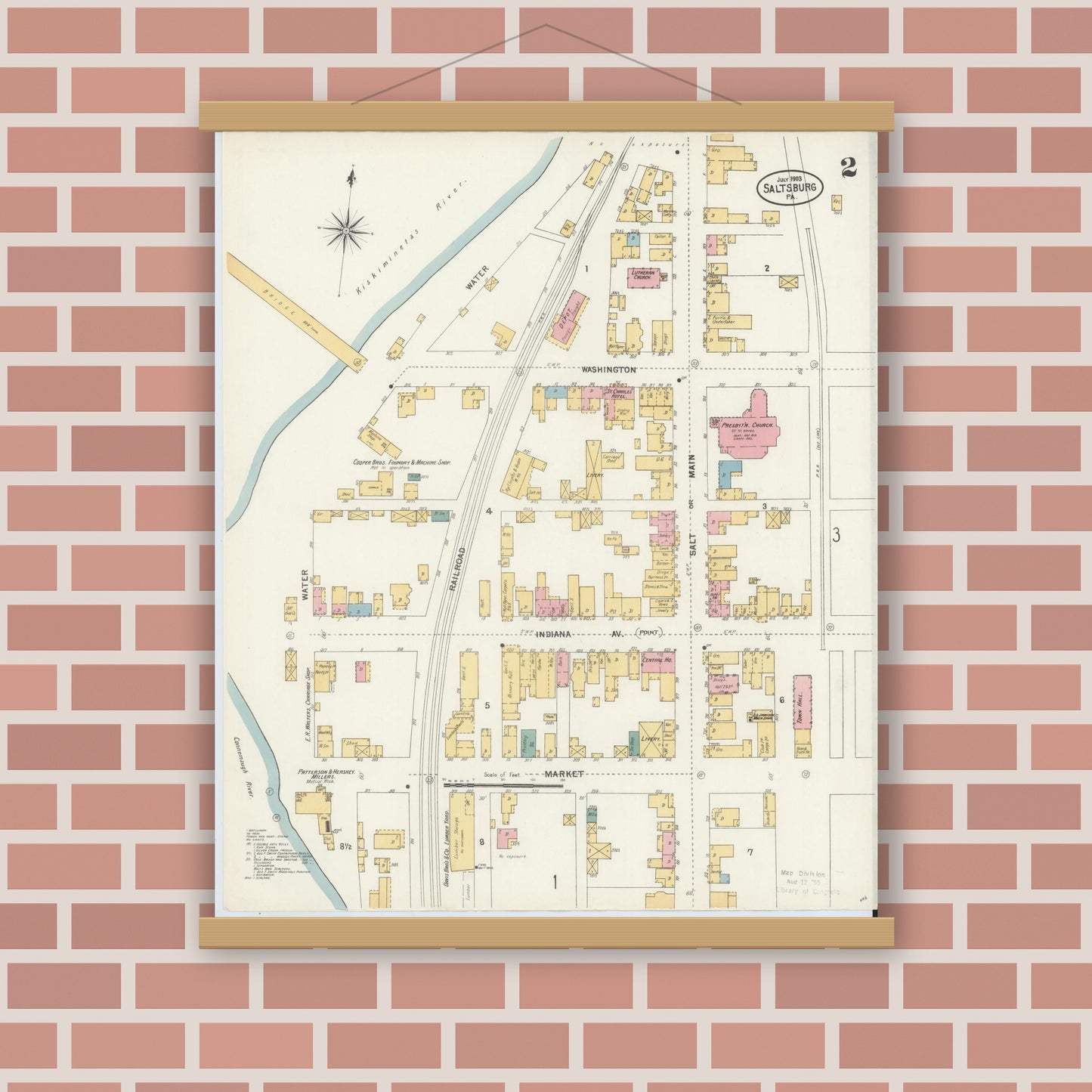 Old map wall art mockup — magnetic wood frame on brick wall — Sanborn Fire Insurance Map from Saltsburg, Indiana County, Pennsylvania (1903), Sheet #0002
