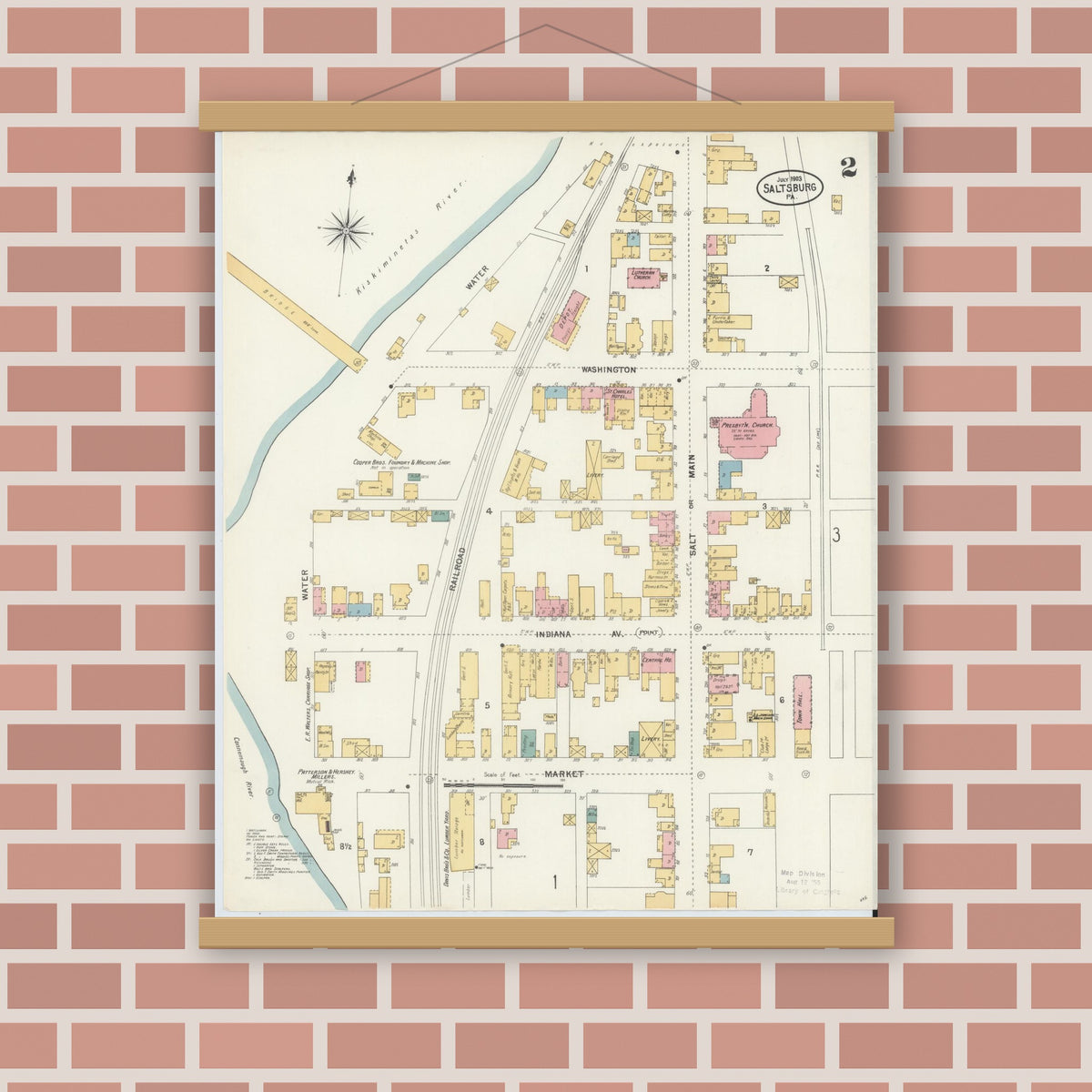 Old map wall art mockup — magnetic wood frame on brick wall — Sanborn Fire Insurance Map from Saltsburg, Indiana County, Pennsylvania (1903), Sheet #0002