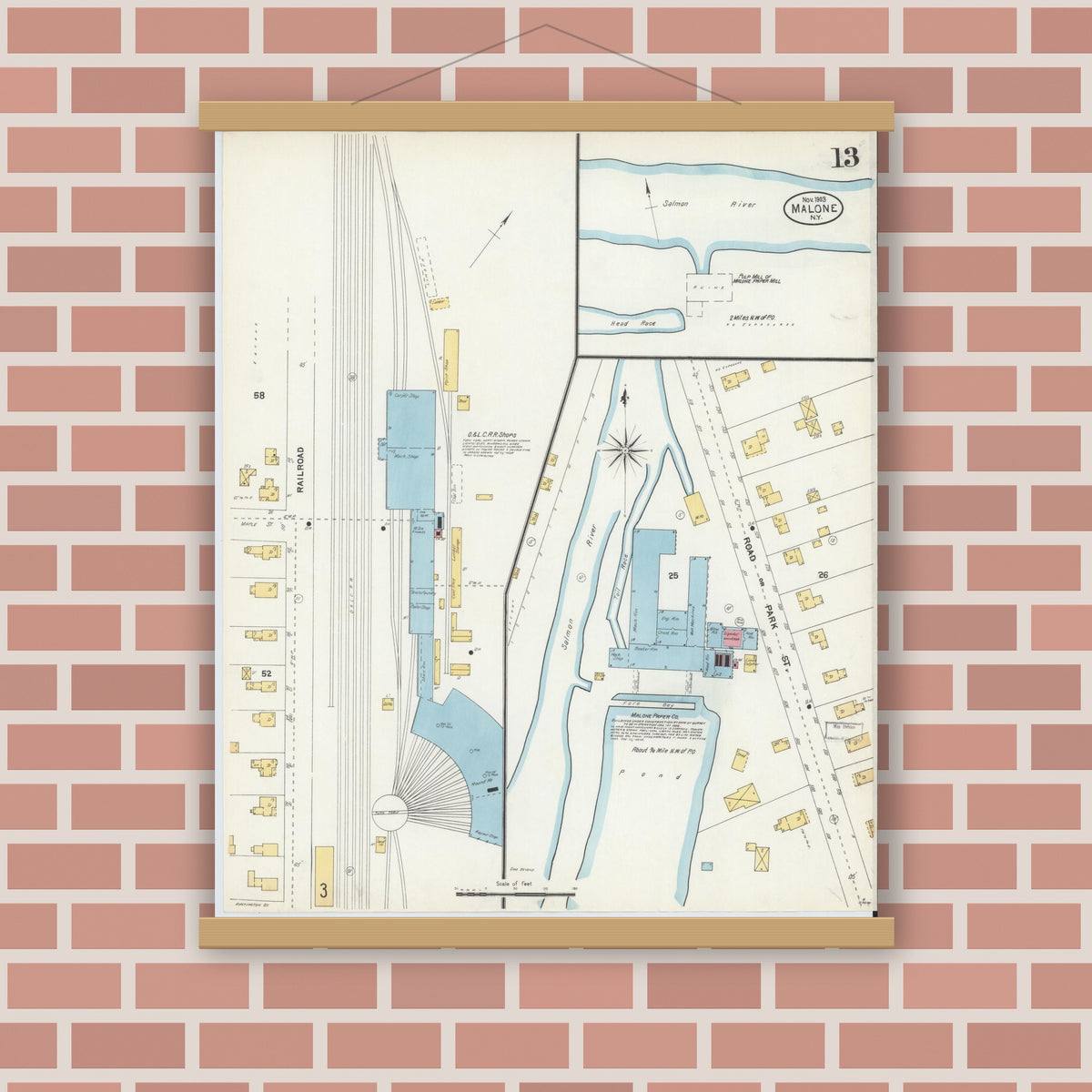 Old map wall art mockup — magnetic wood frame on brick wall — Sanborn Fire Insurance Map from Malone, Franklin County, New York (1903), Sheet #0013