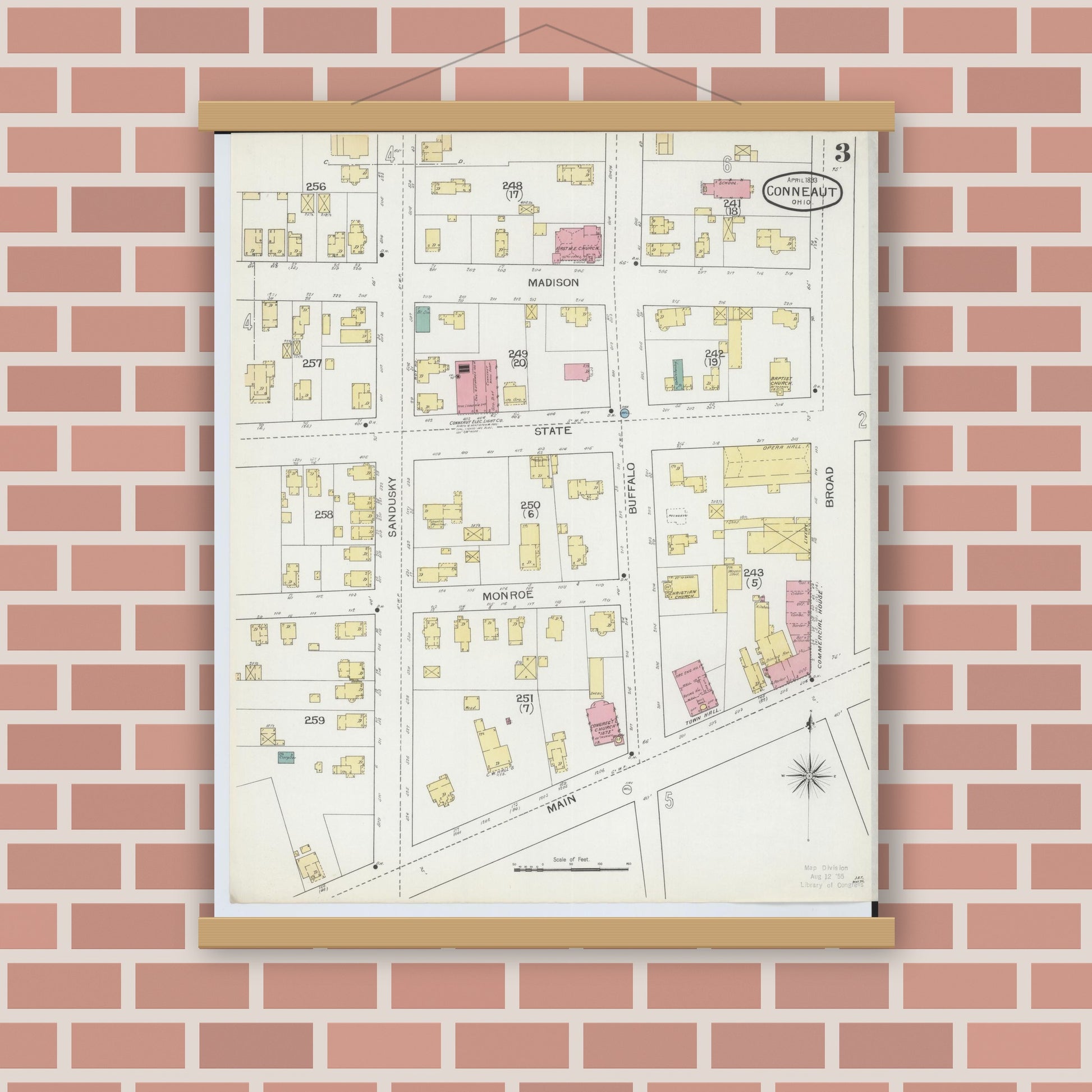 Old map wall art mockup — magnetic wood frame on brick wall — Sanborn Fire Insurance Map from Conneaut, Ashtabula County, Ohio (1893), Sheet #0003