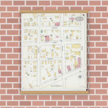 Old map wall art mockup — magnetic wood frame on brick wall — Sanborn Fire Insurance Map from Conneaut, Ashtabula County, Ohio (1893), Sheet #0003