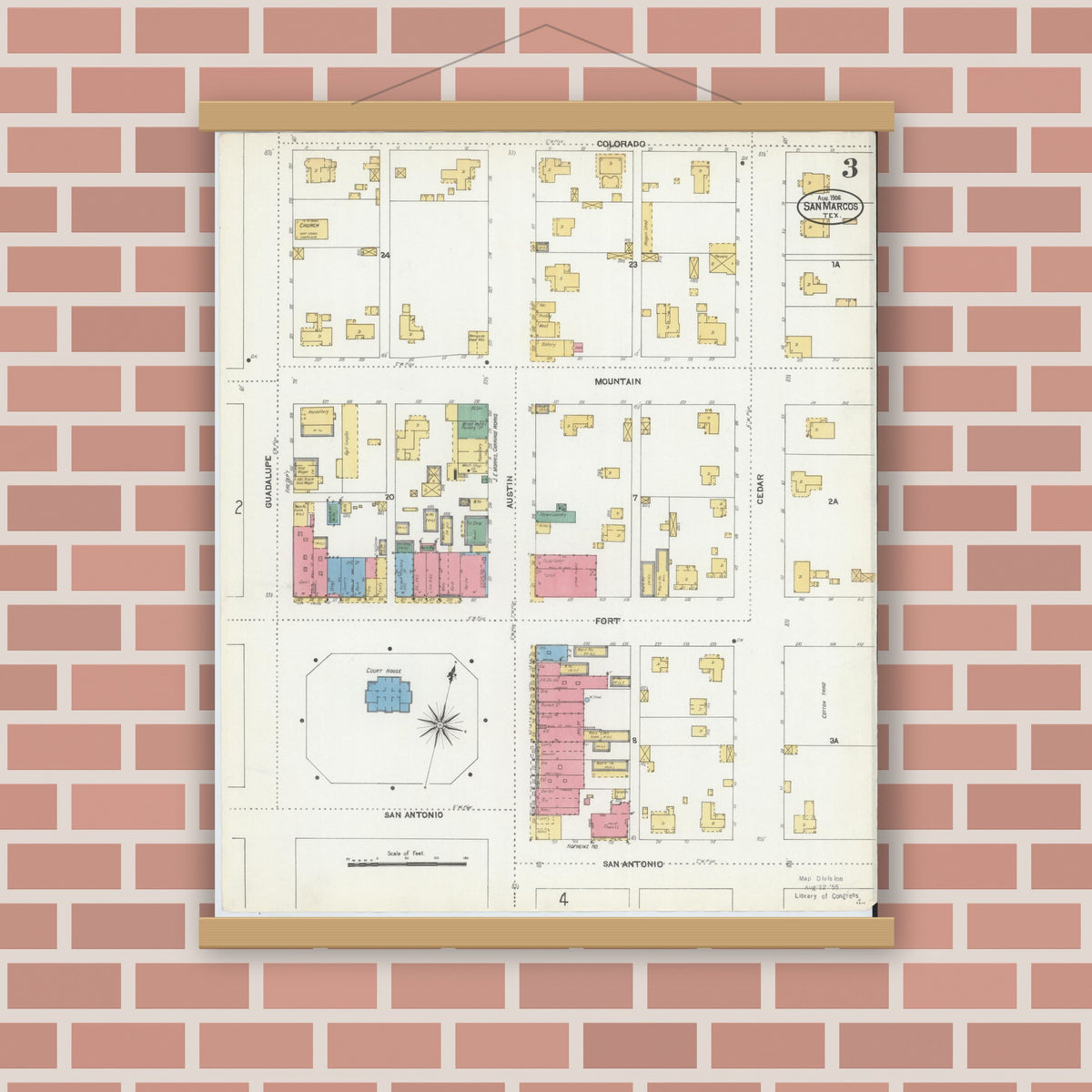 Old map wall art mockup — magnetic wood frame on brick wall — Sanborn Fire Insurance Map from San Marcos, Hays County, Texas (1906), Sheet #0003