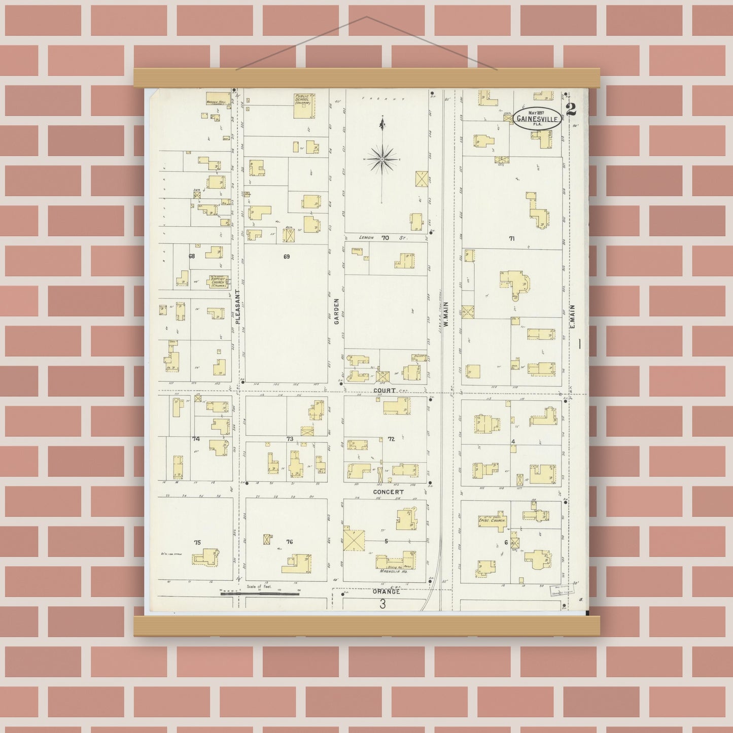 Old map wall art mockup — magnetic wood frame on brick wall — Sanborn Fire Insurance Map from Gainesville, Alachua County, Florida (1897), Sheet #0002