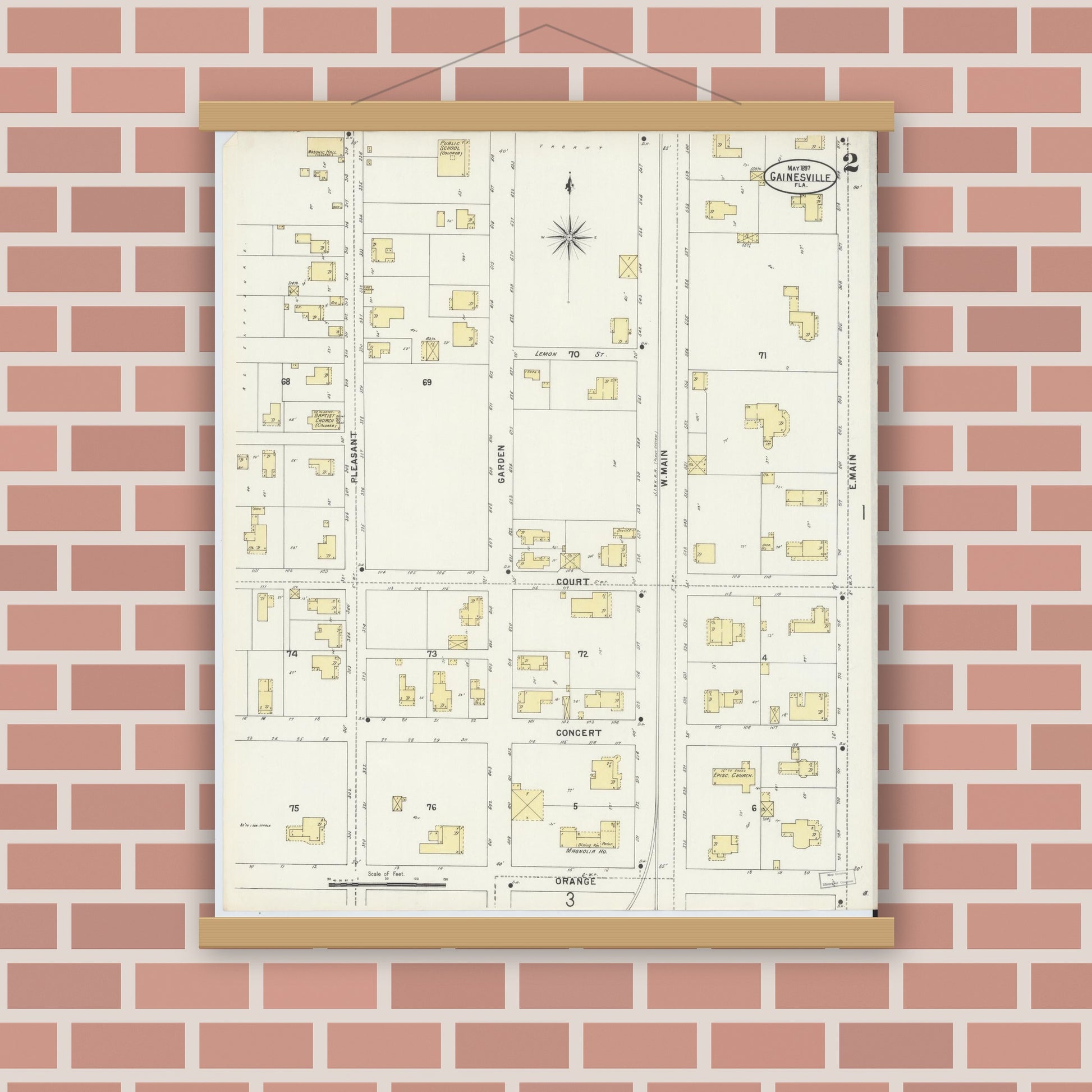 Old map wall art mockup — magnetic wood frame on brick wall — Sanborn Fire Insurance Map from Gainesville, Alachua County, Florida (1897), Sheet #0002