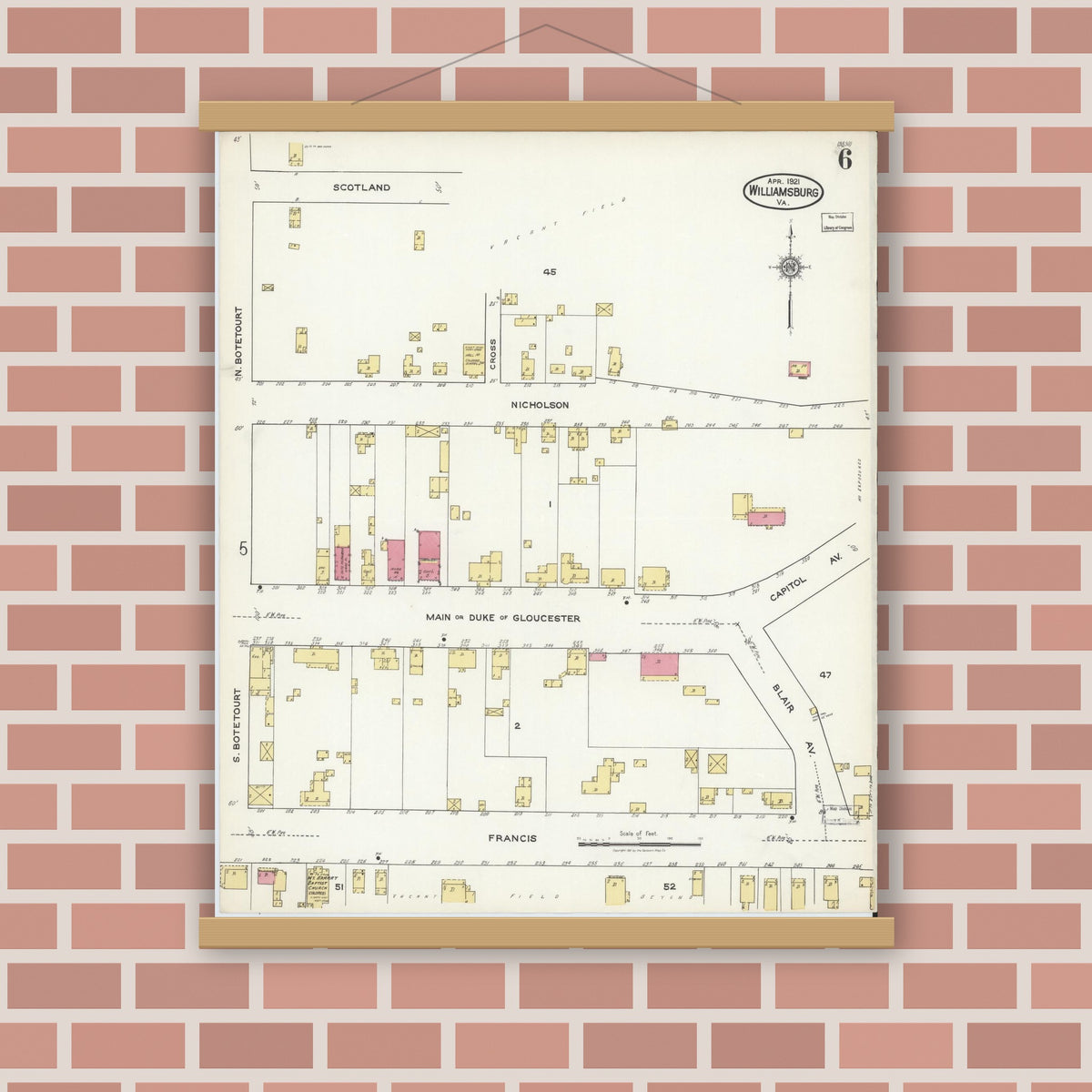 Old map wall art mockup — magnetic wood frame on brick wall — Sanborn Fire Insurance Map from Williamsburg, Independent Cities, Virginia (1921), Sheet #0006