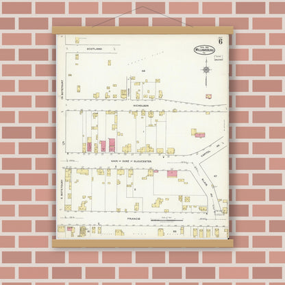 Old map wall art mockup — magnetic wood frame on brick wall — Sanborn Fire Insurance Map from Williamsburg, Independent Cities, Virginia (1921), Sheet #0006