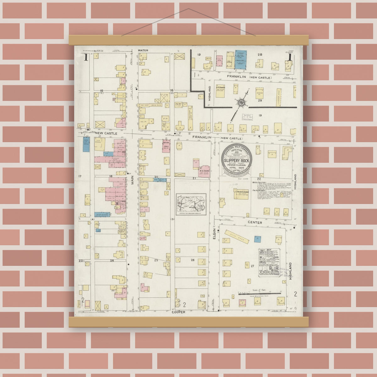 Old map wall art mockup — magnetic wood frame on brick wall — Sanborn Fire Insurance Map from Slippery Rock, Butler County, Pennsylvania (1925), Sheet #0001